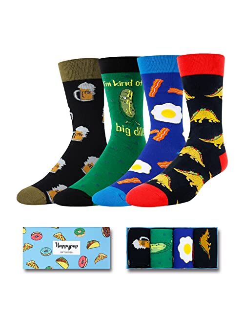 HAPPYPOP Funny Taco Donut Pizza Bacon Burger Pickle Socks for Men Boys, Novelty Food Socks 4 Pack