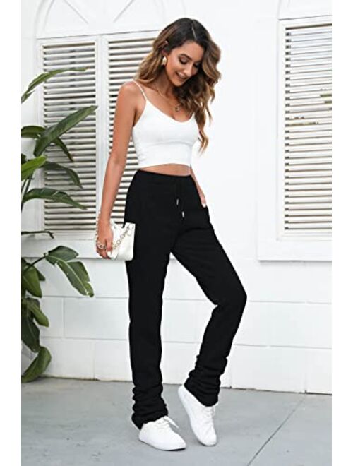 Famnbro Womens Stacked Pants Sweatpants Fleece Lined Leggings High Waist Drawstring Ruched Joggers