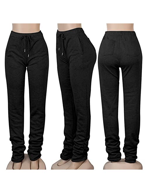 Famnbro Womens Stacked Pants Sweatpants Fleece Lined Leggings High Waist Drawstring Ruched Joggers