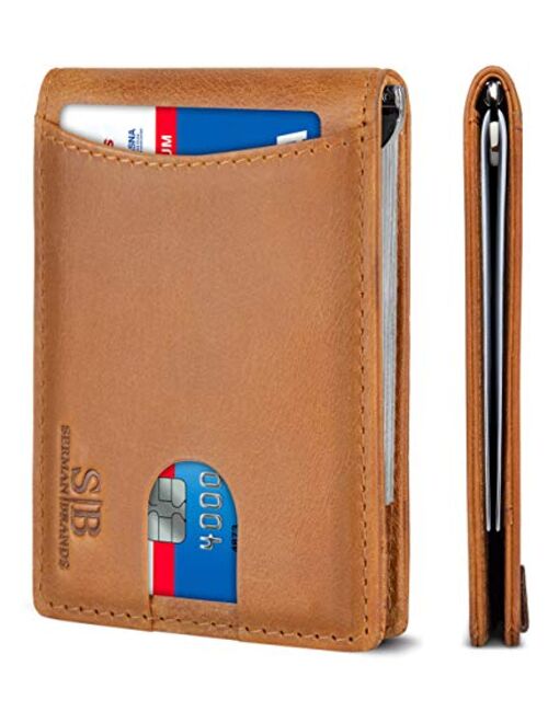 SERMAN BRANDS RFID Blocking Slim Bifold Genuine Leather Minimalist Front Pocket Wallets for Men with Money Clip Thin Mens