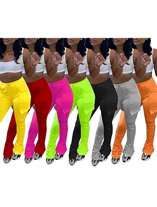 SHINFY Women's Stacked Leggings Pants,Casual Bell Bottom Yoga Pants Ruched Jogging Sweatpants