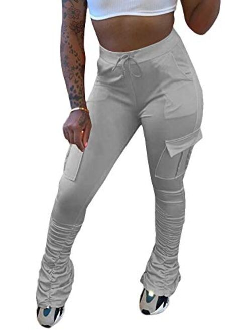 SHINFY Women's Stacked Leggings Pants,Casual Bell Bottom Yoga Pants Ruched Jogging Sweatpants