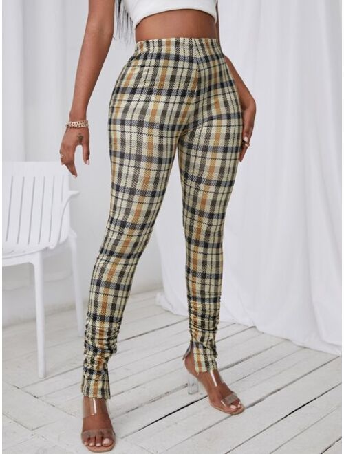 SHEIN SXY Plaid Print Slit Hem Stacked Pants