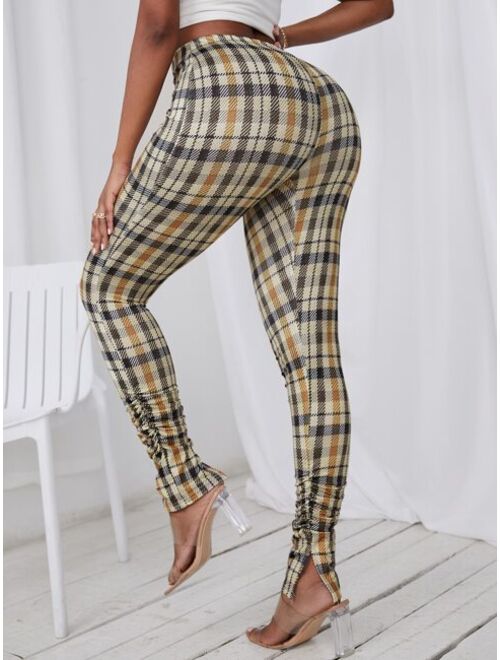 SHEIN SXY Plaid Print Slit Hem Stacked Pants