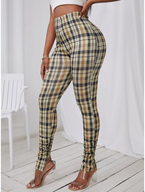 SHEIN SXY Plaid Print Slit Hem Stacked Pants