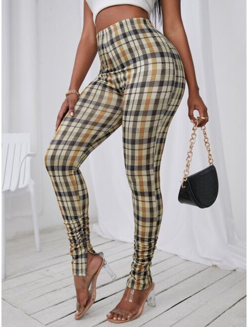 SHEIN SXY Plaid Print Slit Hem Stacked Pants