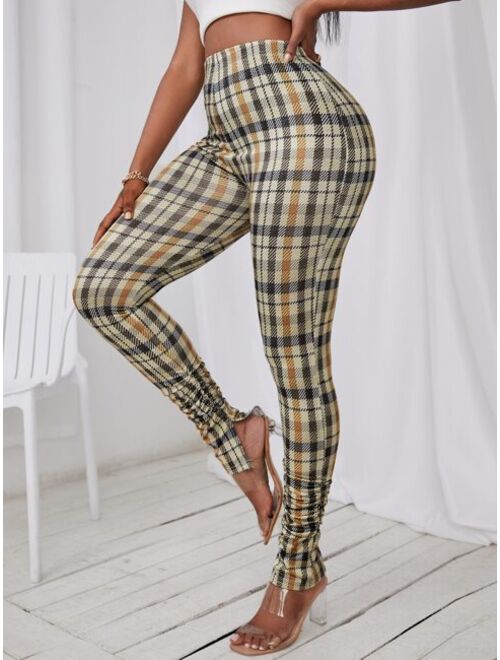 SHEIN SXY Plaid Print Slit Hem Stacked Pants