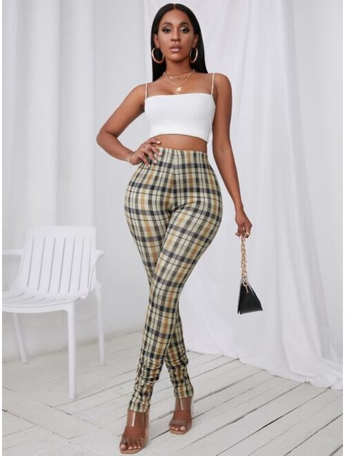 SHEIN SXY Plaid Print Slit Hem Stacked Pants