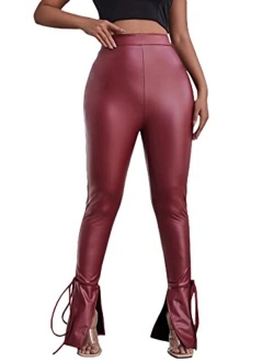 Women's Faux Leather Leggings Pants High Waisted Leather Stacked Pants