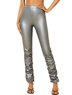 Women's Faux Leather Leggings Pants High Waisted Leather Stacked Pants