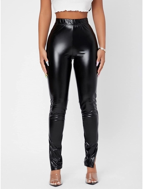 MakeMeChic Women's Faux Leather Leggings Pants High Waisted Leather Stacked Pants