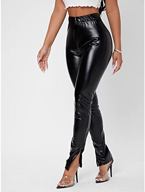 MakeMeChic Women's Faux Leather Leggings Pants High Waisted Leather Stacked Pants