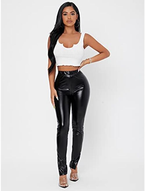 MakeMeChic Women's Faux Leather Leggings Pants High Waisted Leather Stacked Pants