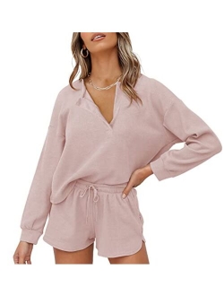 Lingswallow Women Waffle Lounge Sets - Long Sleeve and Shorts Pajama Set Two Piece Outfits for Women Sweatsuits loungewear