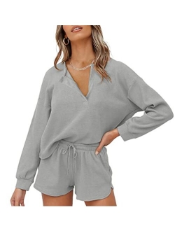 Lingswallow Women Waffle Lounge Sets - Long Sleeve and Shorts Pajama Set Two Piece Outfits for Women Sweatsuits loungewear