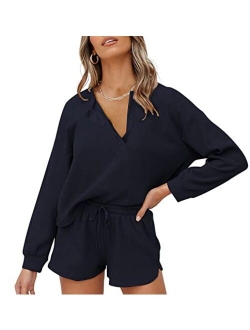 Lingswallow Women Waffle Lounge Sets - Long Sleeve and Shorts Pajama Set Two Piece Outfits for Women Sweatsuits loungewear