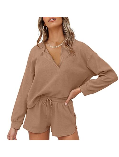 Lingswallow Women Waffle Lounge Sets - Long Sleeve and Shorts Pajama Set Two Piece Outfits for Women Sweatsuits loungewear