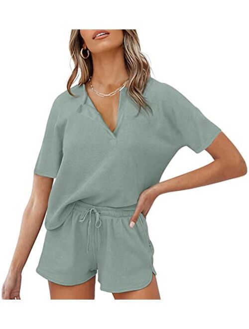 Lingswallow Women Waffle Lounge Sets - Long Sleeve and Shorts Pajama Set Two Piece Outfits for Women Sweatsuits loungewear