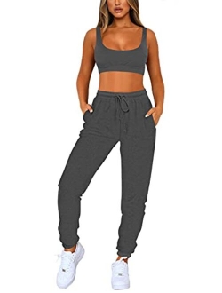 Fixmatti Women Sweatsuits Bra and Sweatpants Set 2 Pieces Jogger Tracksuit