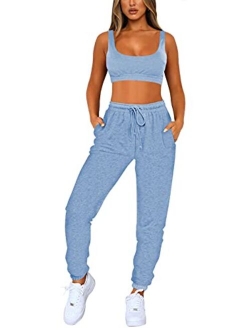 Fixmatti Women Sweatsuits Bra and Sweatpants Set 2 Pieces Jogger Tracksuit