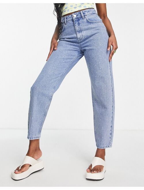 Miss Selfridge high waist jewel mom jean in mid wash