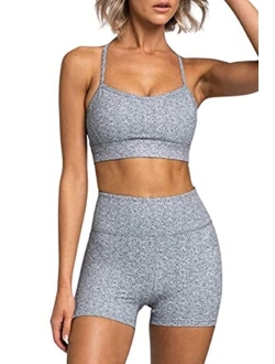 Iwemek Women's Workout Sets 2 Piece Yoga Outfits High Waisted Yoga Leggings Shorts and Sports Bra Gym Clothes Tracksuit