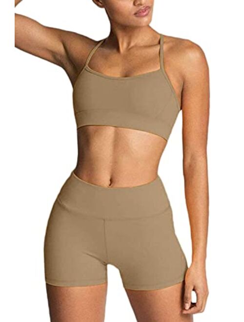 Iwemek Women's Workout Sets 2 Piece Yoga Outfits High Waisted Yoga Leggings Shorts and Sports Bra Gym Clothes Tracksuit