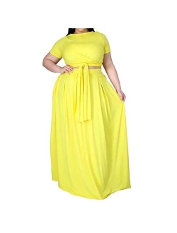 Ophestin Womens Plus Size 2 Piece Dress Outfits Solid Crop Top Maxi Skirts Set