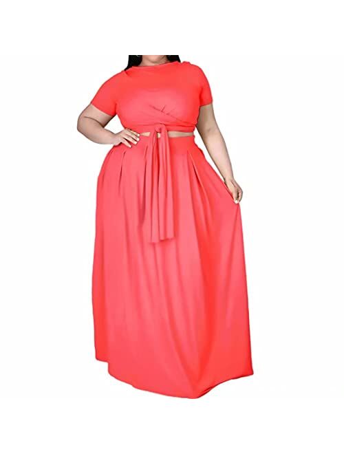 Ophestin Womens Plus Size 2 Piece Dress Outfits Solid Crop Top Maxi Skirts Set