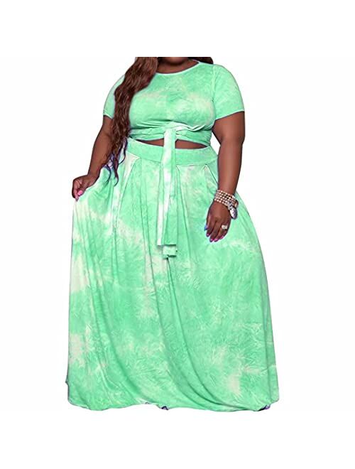 Ophestin Womens Plus Size 2 Piece Dress Outfits Solid Crop Top Maxi Skirts Set