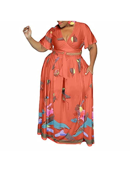 Ophestin Womens Plus Size 2 Piece Dress Outfits Solid Crop Top Maxi Skirts Set