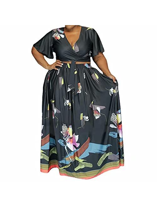 Ophestin Womens Plus Size 2 Piece Dress Outfits Solid Crop Top Maxi Skirts Set