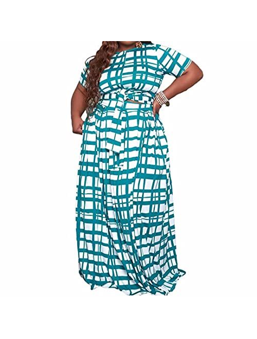 Ophestin Womens Plus Size 2 Piece Dress Outfits Solid Crop Top Maxi Skirts Set