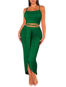 Huusa Womens Sexy Cotton Sleeveless Slit Two Piece Maxi Skirt Set