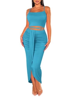 Huusa Womens Sexy Cotton Sleeveless Slit Two Piece Maxi Skirt Set