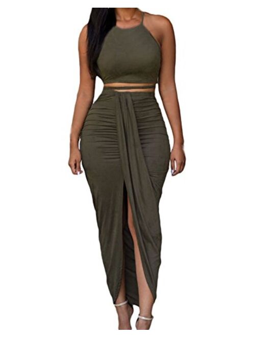 Huusa Womens Sexy Cotton Sleeveless Slit Two Piece Maxi Skirt Set