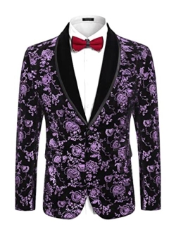 Men's Floral Tuxedo Jacket Shawl Lapel One Button Velvet Suit Jacket Dinner Prom Party Wedding Blazer