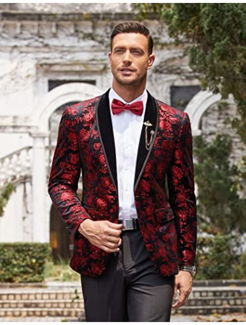 COOFANDY Men's Floral Tuxedo Jacket Shawl Lapel One Button Velvet Suit Jacket Dinner Prom Party Wedding Blazer