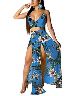 EOSIEDUR Women's Chiffon Bohemian Floral Printed 2 Piece Sets Crop Cami Top & Split Beach Party Maxi Dress