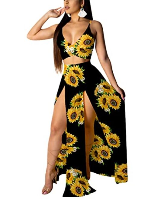 EOSIEDUR Women's Chiffon Bohemian Floral Printed 2 Piece Sets Crop Cami Top & Split Beach Party Maxi Dress