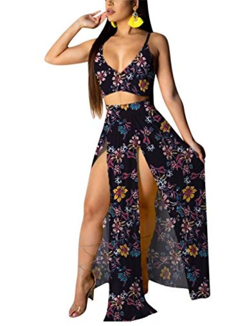 EOSIEDUR Women's Chiffon Bohemian Floral Printed 2 Piece Sets Crop Cami Top & Split Beach Party Maxi Dress