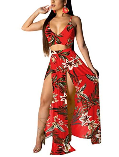 EOSIEDUR Women's Chiffon Bohemian Floral Printed 2 Piece Sets Crop Cami Top & Split Beach Party Maxi Dress