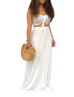 Ophestin Women Sexy Tube Ruched Tie Crop Top Long Skirt Summer Bodycon 2 Piece Outfits Maxi Dress Set