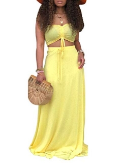 Ophestin Women Sexy Tube Ruched Tie Crop Top Long Skirt Summer Bodycon 2 Piece Outfits Maxi Dress Set