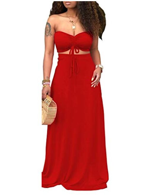 Ophestin Women Sexy Tube Ruched Tie Crop Top Long Skirt Summer Bodycon 2 Piece Outfits Maxi Dress Set