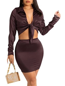 Yousexy Women's Club Night Out Dress-Sexy Long Sleeve 2 Piece Outfits Tie Front Crop Top and Mini Bodycon Skirt Set