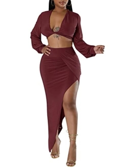 Yousexy Women's Club Night Out Dress-Sexy Long Sleeve 2 Piece Outfits Tie Front Crop Top and Mini Bodycon Skirt Set