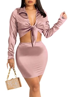 Yousexy Women's Club Night Out Dress-Sexy Long Sleeve 2 Piece Outfits Tie Front Crop Top and Mini Bodycon Skirt Set