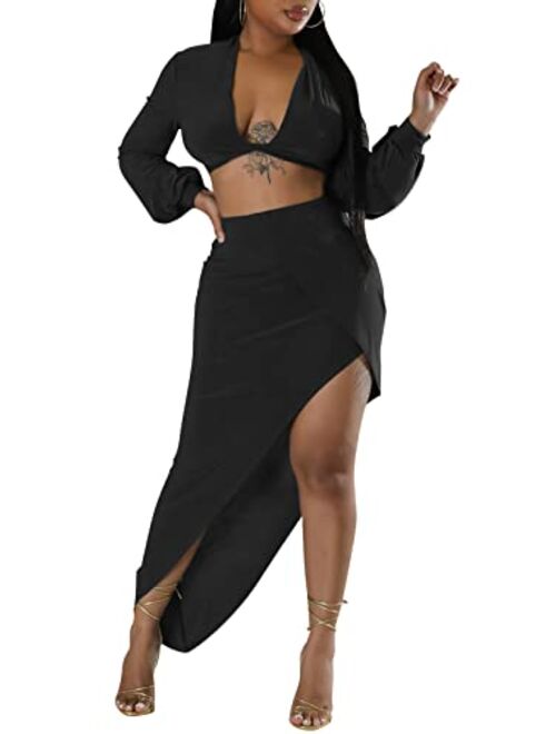 Yousexy Women's Club Night Out Dress-Sexy Long Sleeve 2 Piece Outfits Tie Front Crop Top and Mini Bodycon Skirt Set