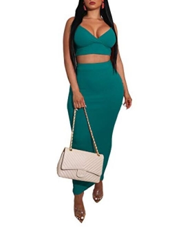 Ophestin Women Sexy Bodycon 2 Piece Outfits Pencil Midi Dress Strap V Neck Ribbed Crop Top Long Skirt Set